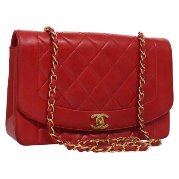 CHANEL Diana 25 Chain Shoulder Bag Lamb Skin Red CC Auth 114568A - Picture 1 of 16